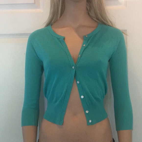 Mango Sweaters - COPY - Pretty Turquoise Blue Cropped Button Sweater